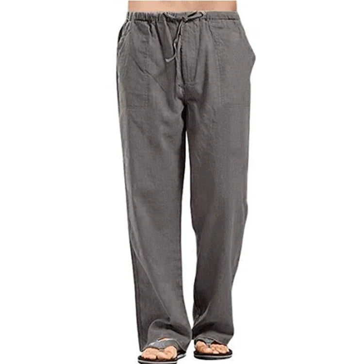 Men's cotton linen summer pants with elastic waist, breathable linen fabric, solid color, casual fit, by King Billion.