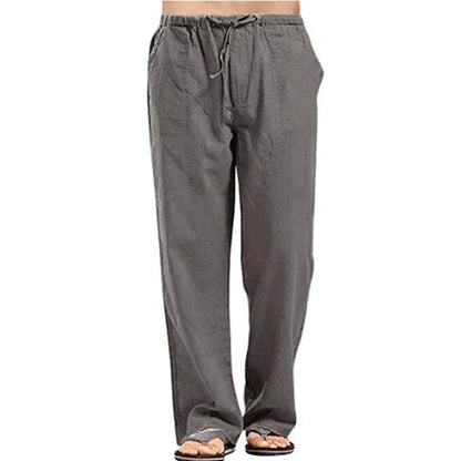 Men's cotton linen summer pants, breathable solid color linen trousers with elastic waist, casual fitness style in natural fabric.