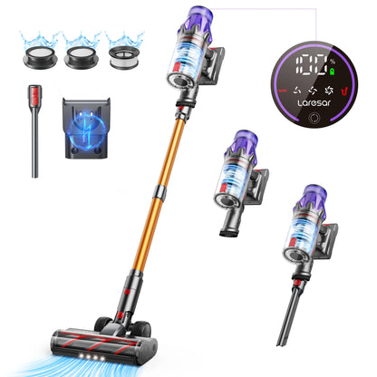 DAYO FITNESS STORE Laresar V7 cordless handheld vacuum cleaner with 500W power, dust cup, removable battery, and smart home design.
