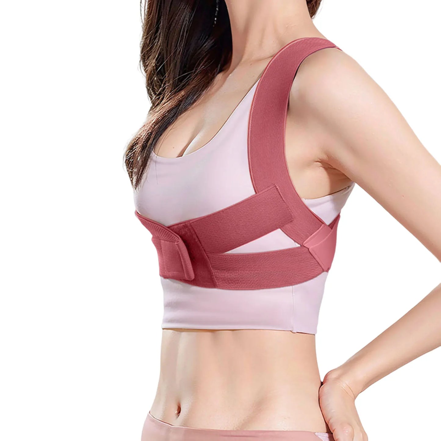 Adjustable back posture corrector brace supporting upper spine and straightening posture, designed for back health and alignment.