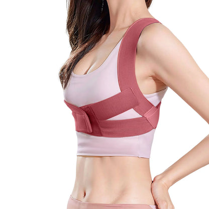 Adjustable back posture corrector brace supporting upper spine and straightening posture, designed for back health and alignment.