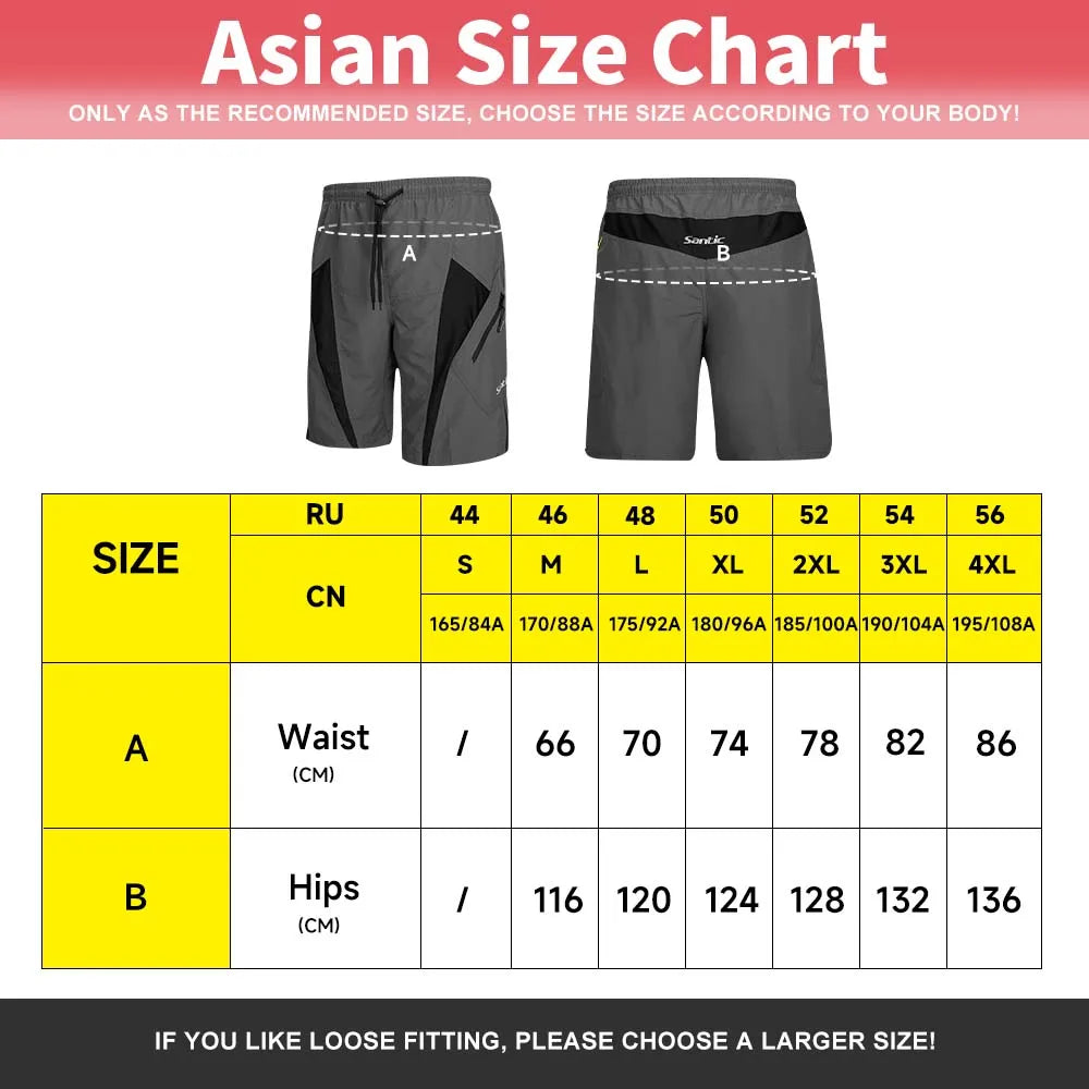 Santic men's cycling shorts with 3D padding, Coolmax fabric, loose fit, suitable for MTB downhill riding and cycling fitness.