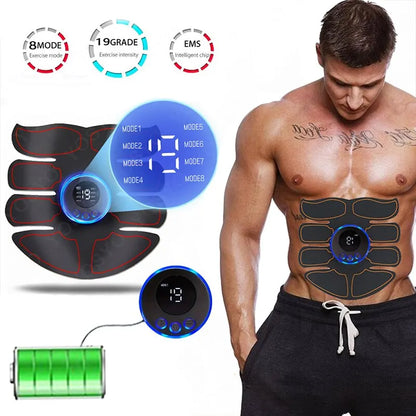 YOSYO Abdominal Muscle Massager fitness device with arm training patches, USB charging, used for muscle exercise at home.