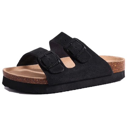DAYO FITNESS STORE women's suede mule slippers with cork insole, arch support, outdoor beach slides, and casual home shoes.