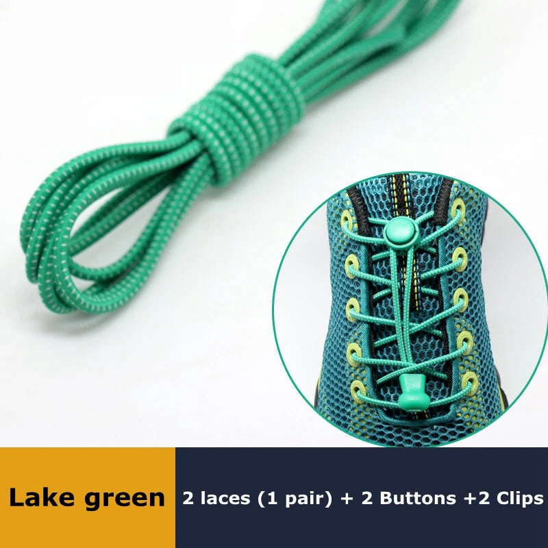 Pair of elastic no-tie sneaker laces with locking mechanism, stretchable round rubber shoelaces for easy slip-on shoes.