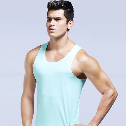 KIMR Apparel men's ice silk sleeveless tank top with U-neck, seamless elastic fit, casual fitness undershirt, solid color, youth style