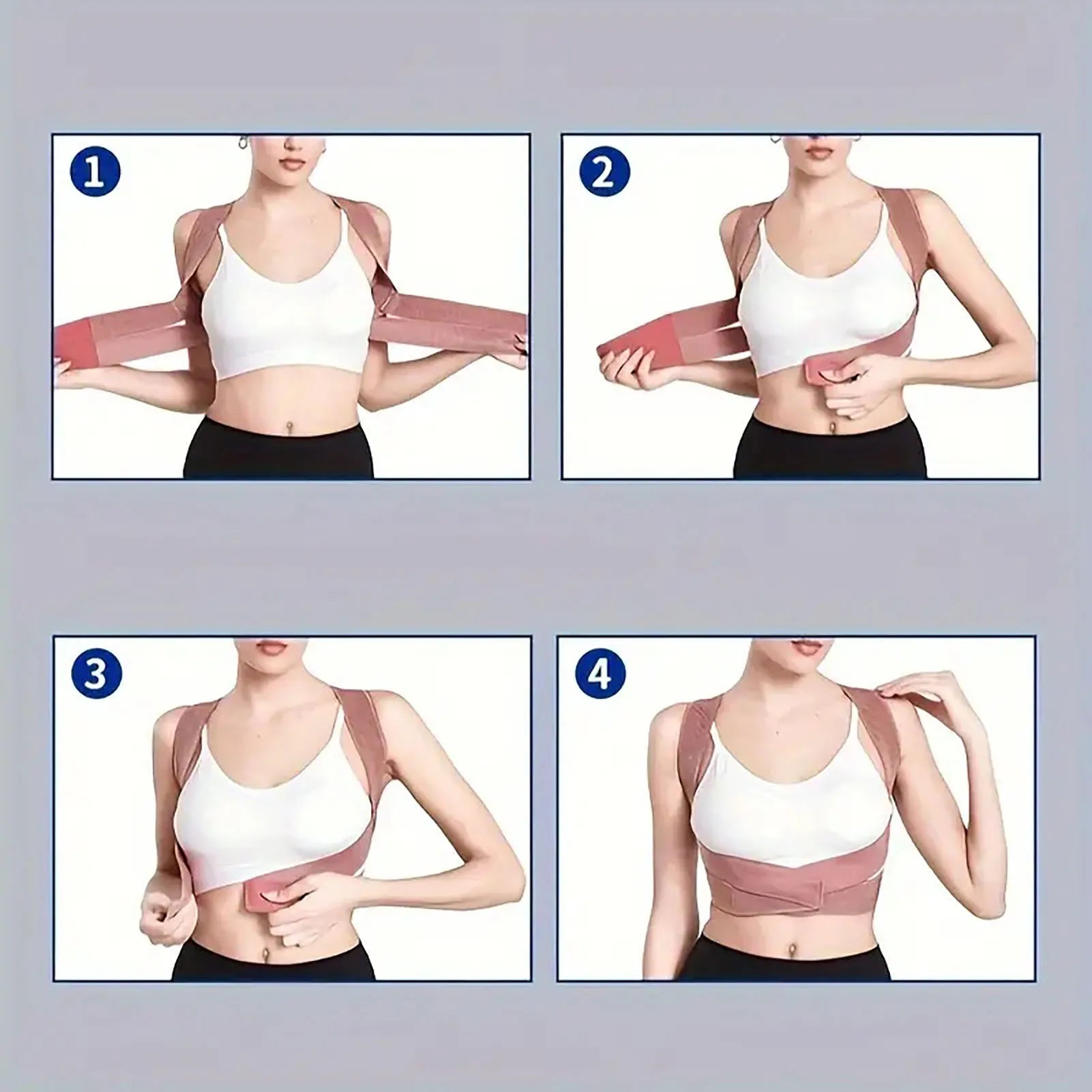 Adjustable back posture corrector brace supporting upper spine and straightening posture, designed for comfortable wear.