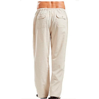 Men's cotton linen pants in solid color, breathable summer trousers with elastic waist for casual fitness wear.