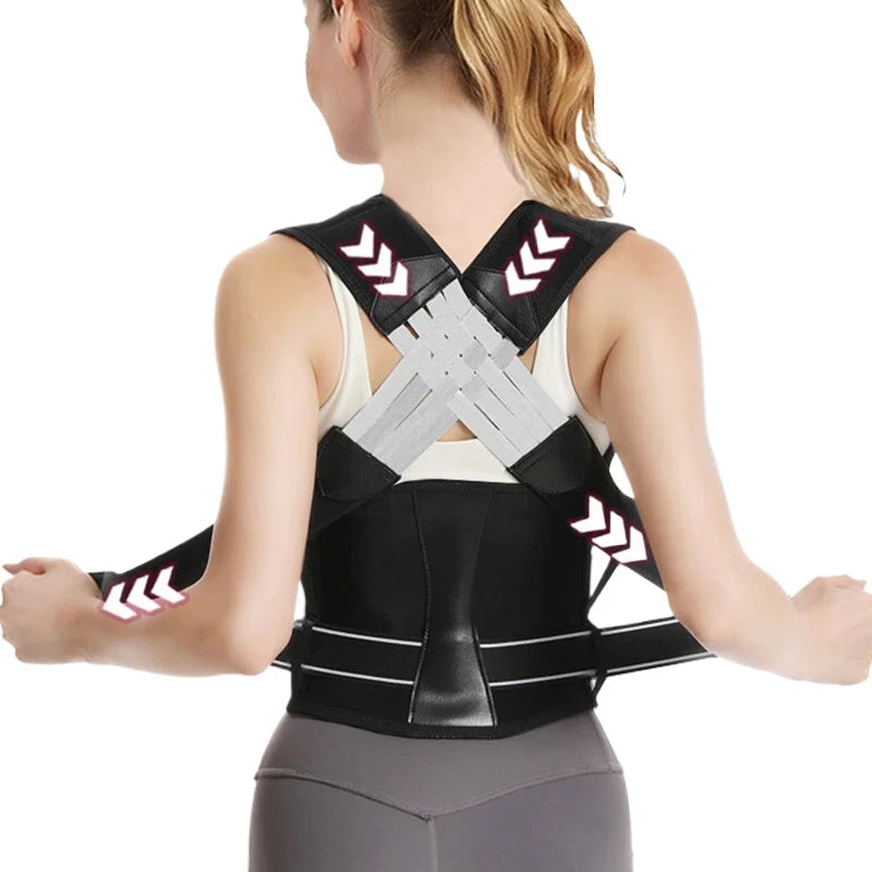 Adjustable posture corrector brace from DAYO FITNESS STORE supporting thoracic, neck, and shoulder areas for pain relief.