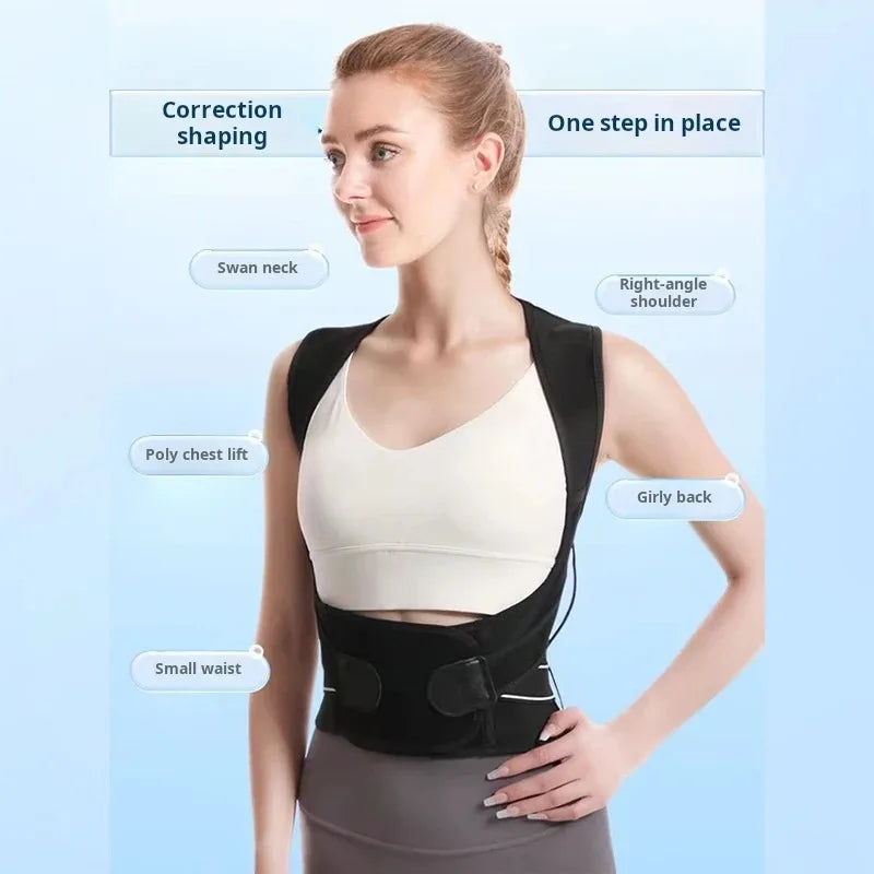 Adjustable posture corrector brace supporting thoracic posture and relieving neck, shoulder, and hunchback pain.