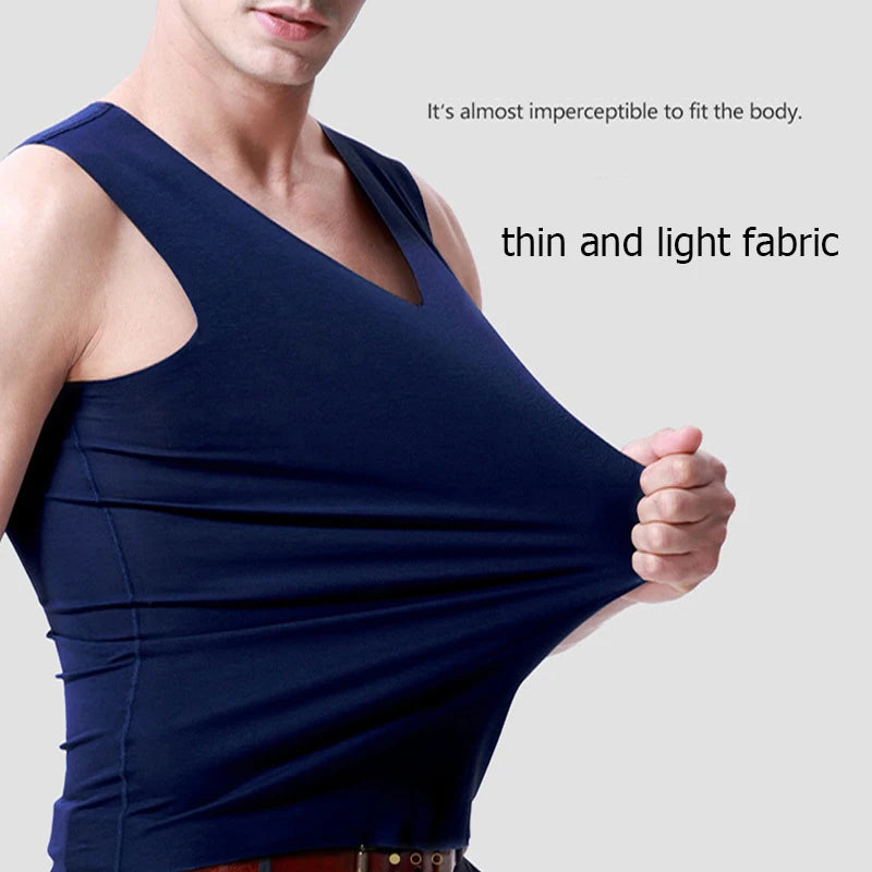 Seamless men's silk tank top vest, sleeveless sport bodysuit for men, plain casual summer undershirt, gym and activewear