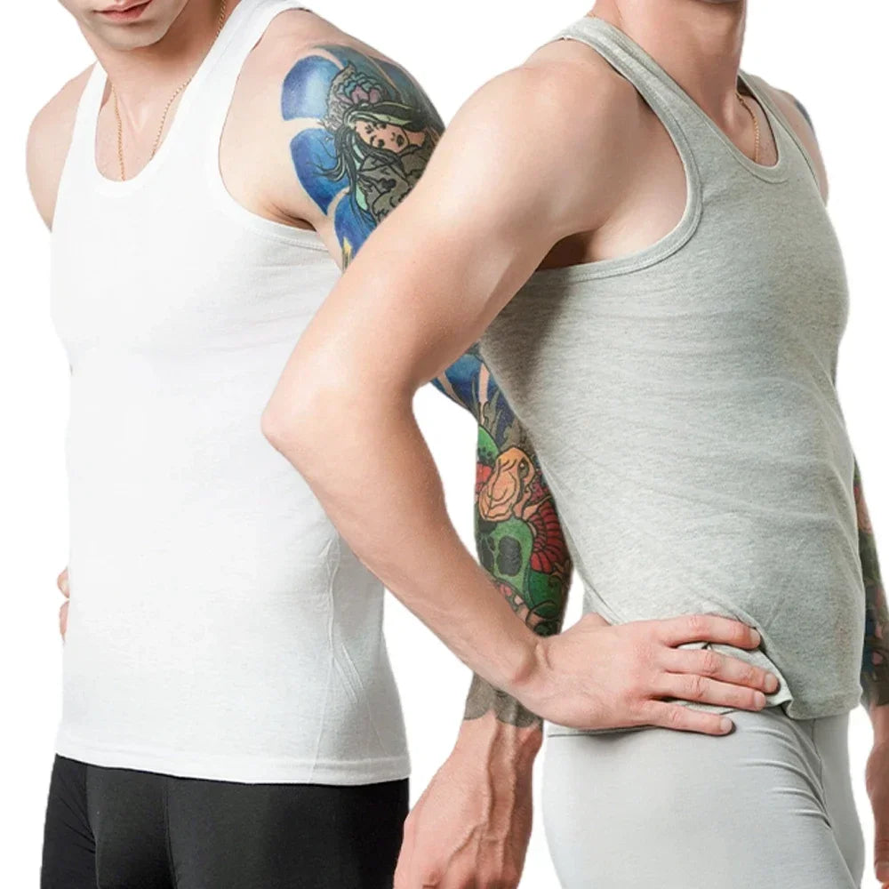 Three men's cotton tank tops, breathable solid vests, sleeveless undershirts for summer, exercise, and fitness wear, by Bernie Chen Store.