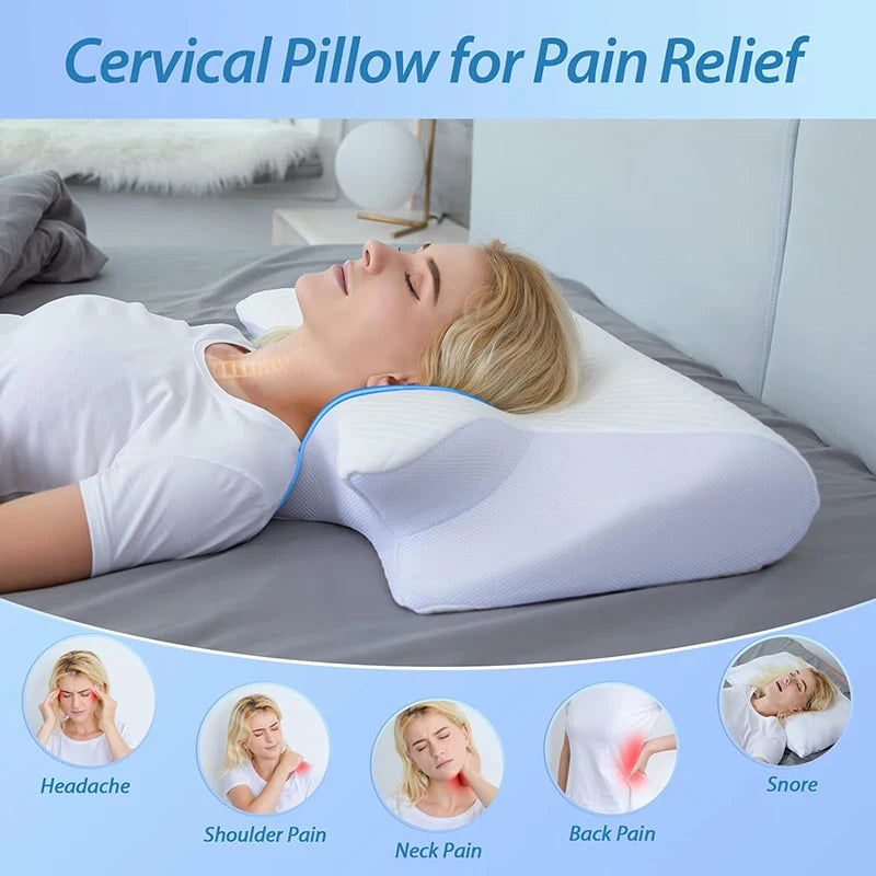 Memory foam cervical pillow with ergonomic contour for neck support and pain relief, ideal for restful sleep and orthopedic comfort.
