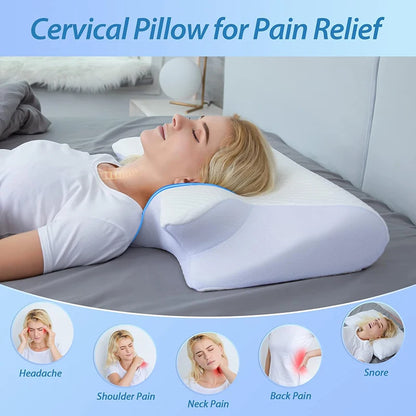 Memory foam cervical pillow with ergonomic contour for neck support and pain relief, ideal for restful sleep and orthopedic comfort.