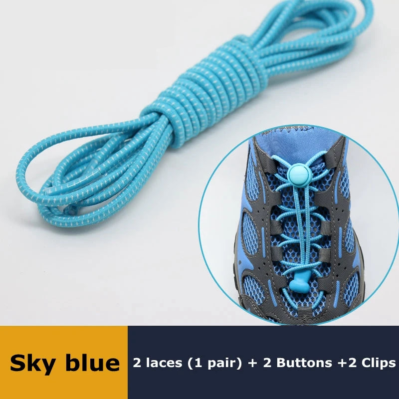 Pair of elastic no-tie sneaker shoelaces with locking stretch design and round rubber shoestrings for easy, secure fit.