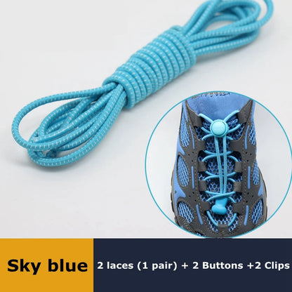 Pair of elastic no-tie sneaker shoelaces with locking stretch design and round rubber shoestrings for easy, secure fit.