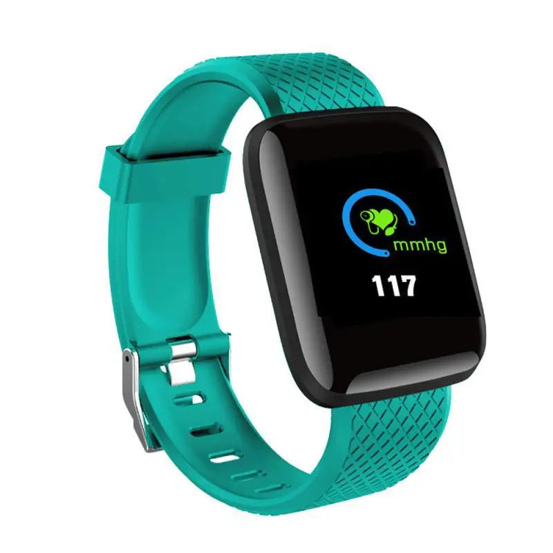 Smartwatch D20 by OPUYYM showing a fitness tracker with a digital display, heart rate monitor, and Bluetooth connectivity.