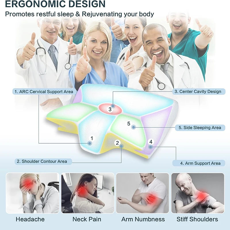 Memory foam cervical pillow with ergonomic contour design for neck support and pain relief.