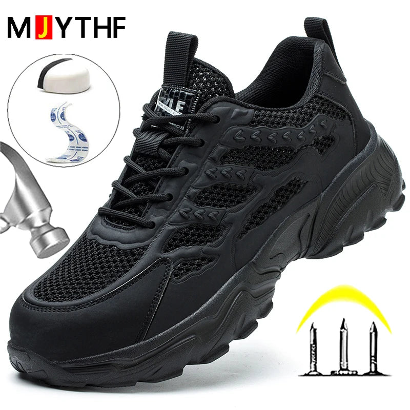 White breathable mesh safety shoes for men and women, lightweight and durable work sneakers ideal for summer safety and protection.