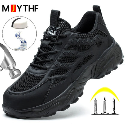 White breathable mesh safety shoes for men and women, lightweight and durable work sneakers ideal for summer safety and protection.