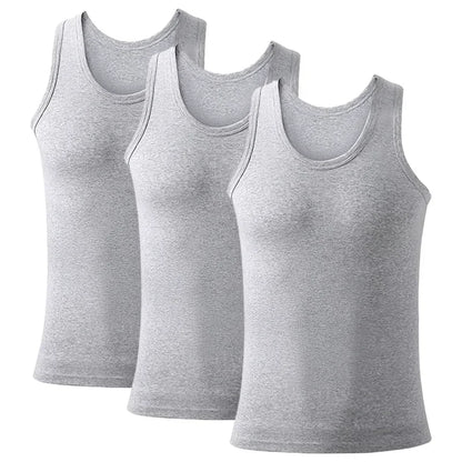 Three men's cotton tank tops from Bernie Chen Store, breathable solid sleeveless undershirts ideal for summer exercise and fitness.