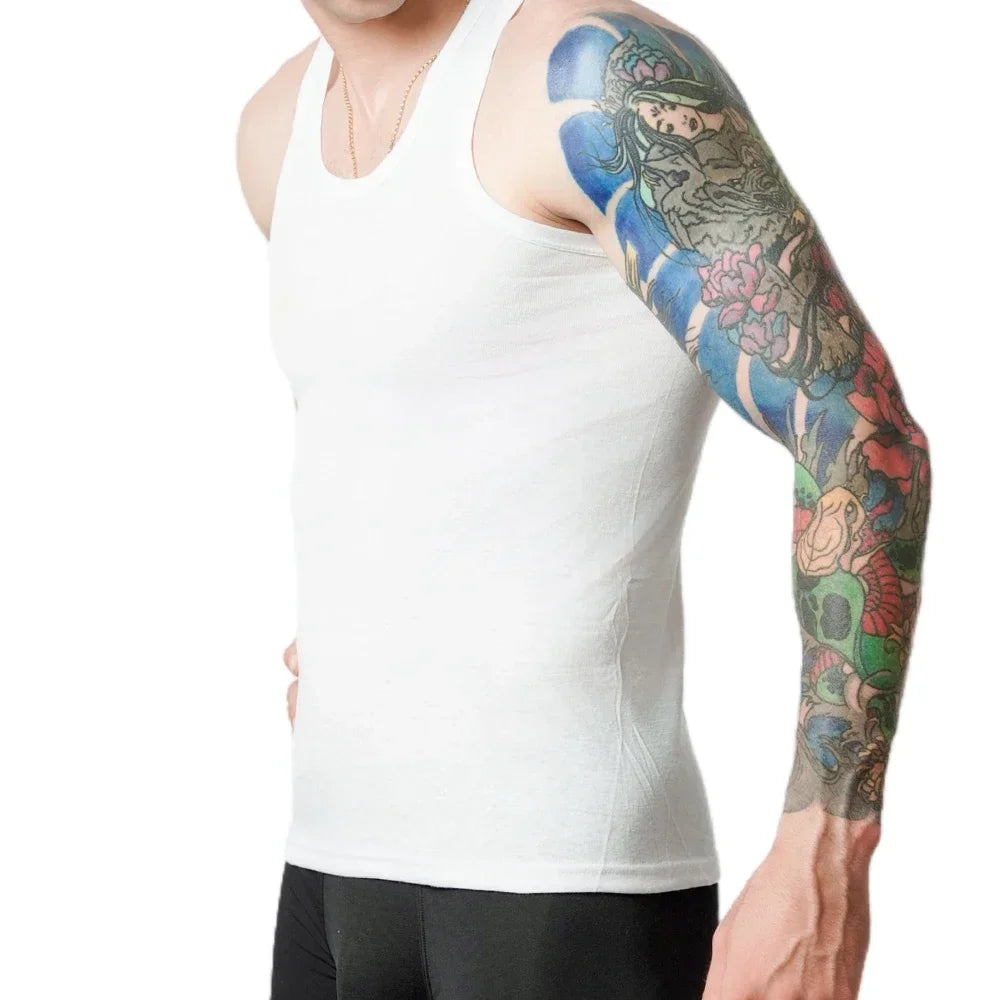 Three men's cotton tank tops from Bernie Chen Store, breathable solid sleeveless undershirts ideal for summer fitness or casual wear.
