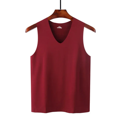 Seamless men's silk tank top vest, sleeveless sport bodysuit, plain casual summer undershirt for gym and everyday wear.