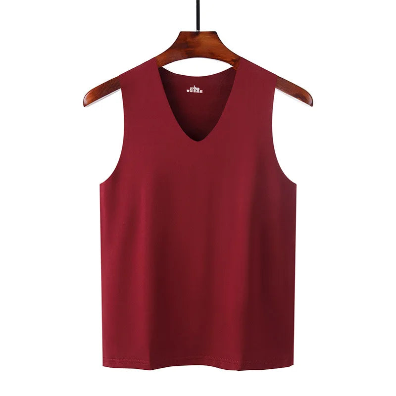 Seamless men's silk tank top vest, sleeveless sport bodysuit for men, plain casual summer undershirt, cool gym clothing