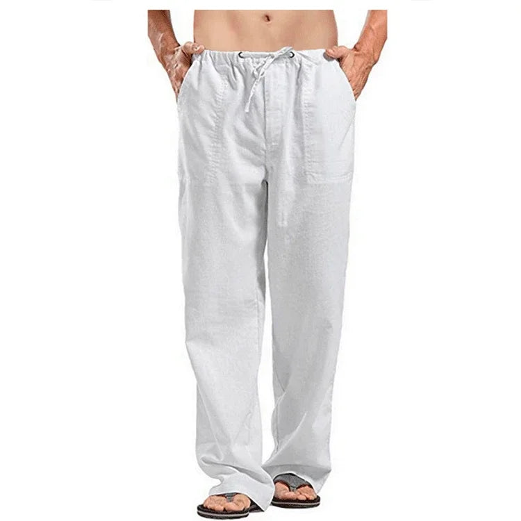 Men's cotton linen summer pants with breathable fabric, solid color, elastic waist, casual fit, from King Billion.